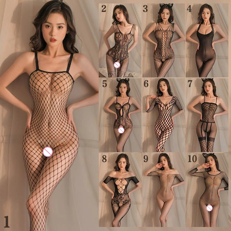 Hot Fishnet Bodystockings สําหรับผู้หญิง One Piece สีดํา Hollow เร้าอารมณ์เซ็กซี่ชุดชั้นในเครื่องแต่งกาย Chemises ตาข่ายบอดี้สูท