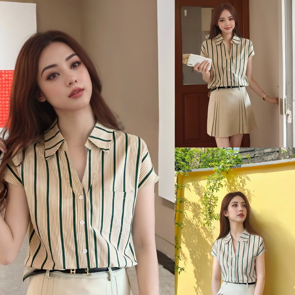 เสื้อเชิ้ตแขนสั้นคอวีลายทาง ผ้าชีฟอง สำหรับสาวสไตล์แฟชั่น สวมใส่สบายและให้ลุคที่ดูหรูหรา เหมาะสำหรับการแต่งตัวทุกวัน