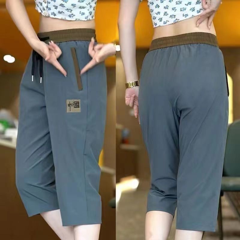 Pdd/กางเกงครอปผู้ชายผ้าไหมน้ําแข็งยืดหยุ่นบางสไตล์เอวยางยืดหลวมตรงเย็บปักถักร้อยจีนกางเกงลําลองทุกการแข่งขัน