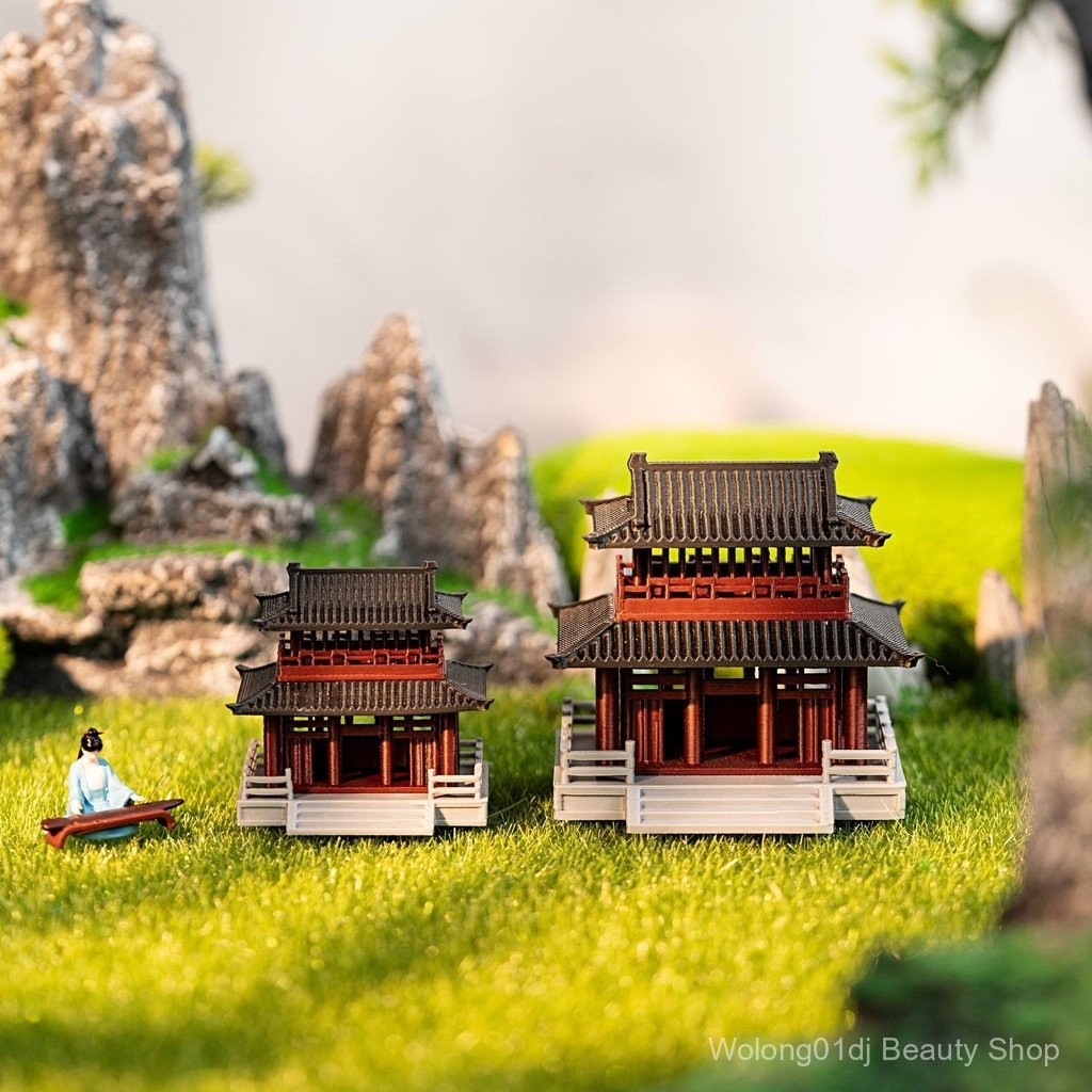 ชุดอุปกรณ์ตู้ปลา ภูมิทัศน์ไมโคร ลอฟท์สองชั้น ของตกแต่ง 3D พิมพ์ศาลา ภูมิทัศน์บอนไซ สไตล์โบราณ หินประดับหลายใช้ สถาปัตยกรรมโบราณ
