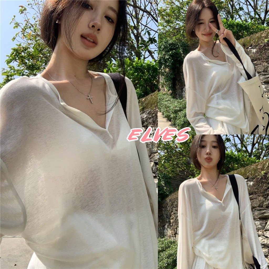 Elves พร้อม💟 เสื้อแขนยาว คอวี ดีเทลซีทรู บางเบา ใส่ง่ายสบาย สีพื้น เข้ารูป "FY2088"