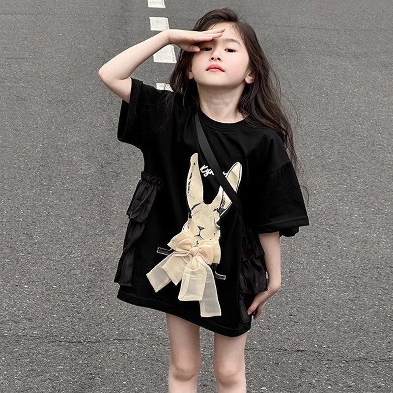 3-15 ปีผ้าฝ้ายหญิงแขนสั้นเสื้อยืดการ์ตูนแฟชั่นขนาดกลางขนาดใหญ่เด็กหลวมสั้นชุดฤดูร้อน