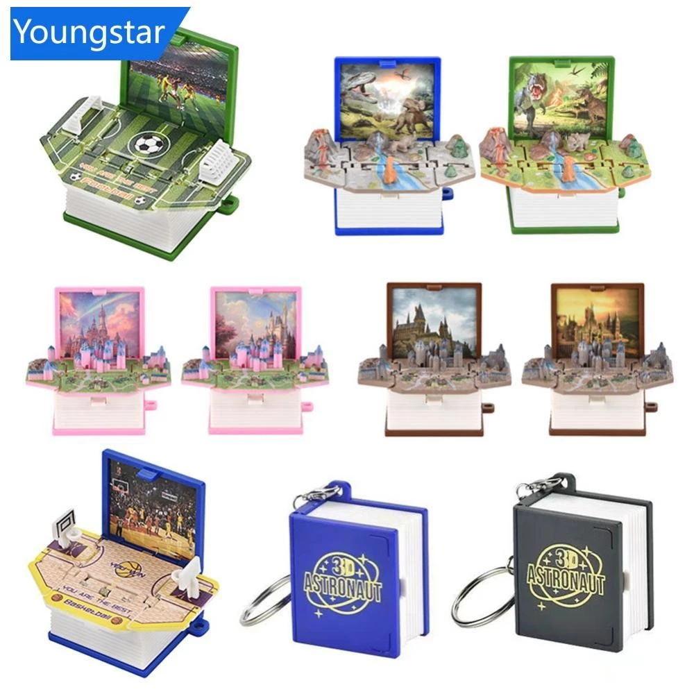 YOUNGSTAR ตลก 3D พับหนังสือพวงกุญแจของขวัญวันเกิดพับพวงกุญแจ 3D Popup ไดโนเสาร์ปราสาทคริสต์มาส Surprise ความวิตกกังวลความเครียดเด็กของเล่นเด็ก V7Z2