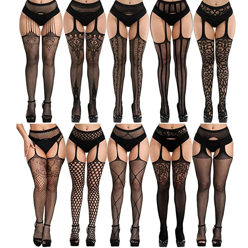 ผู้หญิงเซ็กซี่ถุงน่อง Fishnet Tights โปร่งใส Crotchless ต้นขายืดหยุ่นสูงเย็บปักถักร้อยถุงน่องกับ Garter เข็มขัด