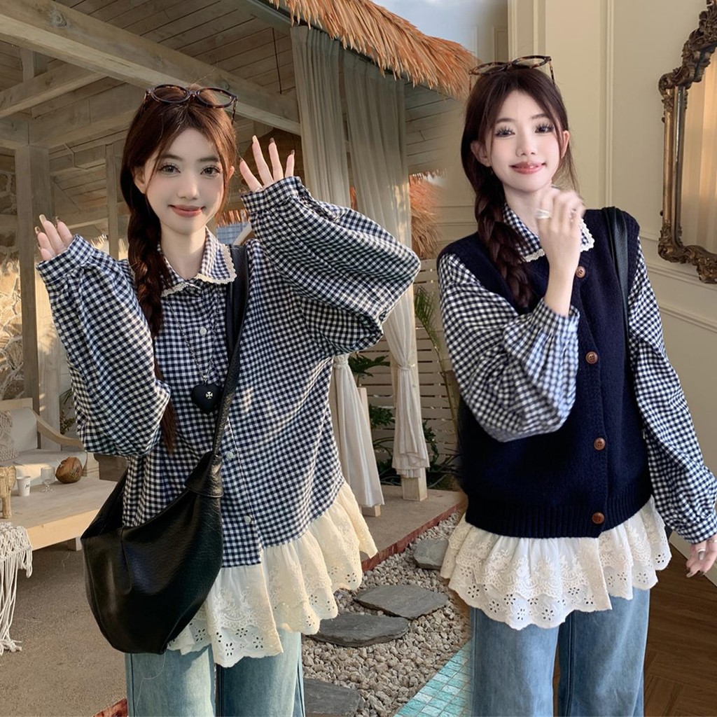 🌻Grace🌻 เสื้อเชิ้ตลายสก็อตแขนยาวสีฟ้า เสื้อลูกไม้แขนยาว เสื้อเชิ้ตลูกไม้ผู้หญิง เสื้อแฟชั่นหญิง W600