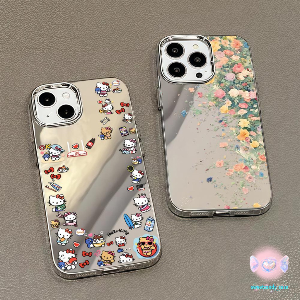 👑จัดส่งในพื้นที่👑 เคสแบบกระจกมิเรอร์ กุหลาบวาดภาพน้ำมัน ตัวการ์ตูนแมว สําหรับIPhone16 15 14 13 7 8plus Pro Promax XR XS
