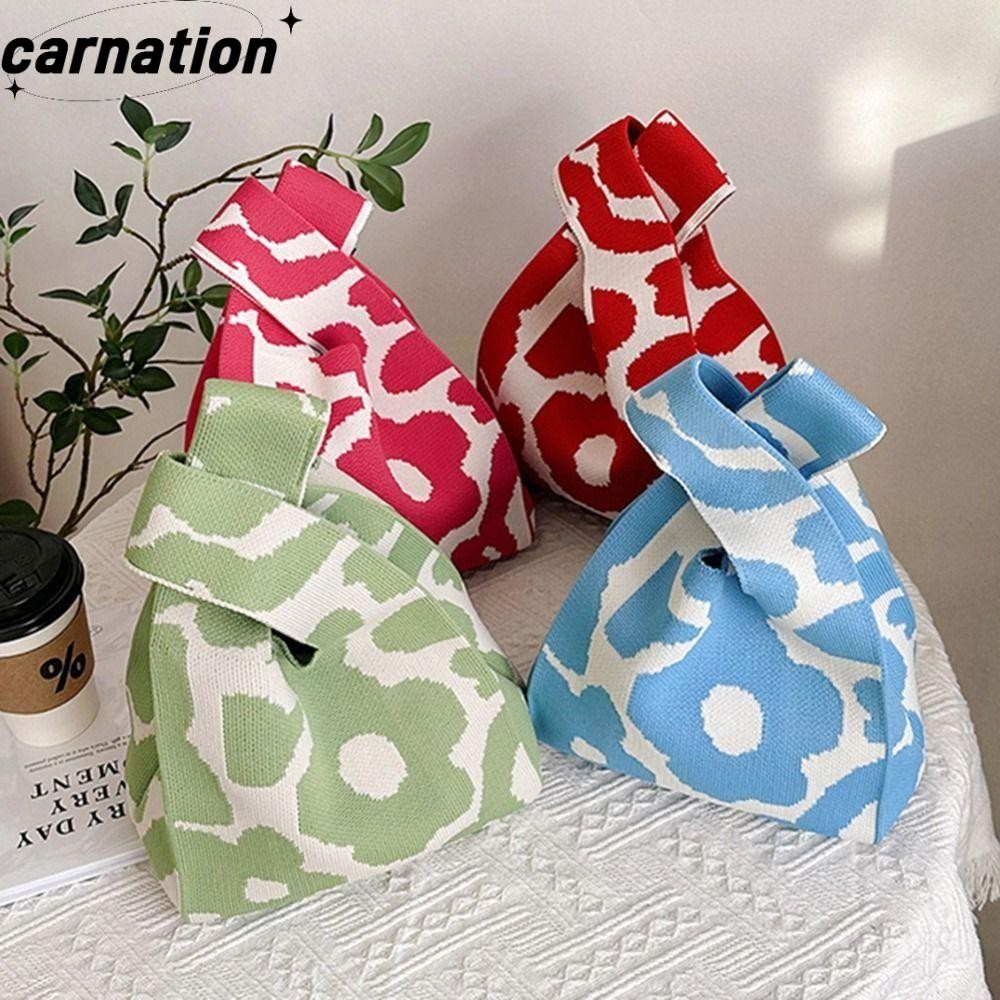 CARNATION Knot Wrist Bag, กระเป๋าถือถักแฮนด์เมดความจุสูง, กระเป๋าช้อปปิ้งถักแบบใช้ซ้ําได้ Girls
