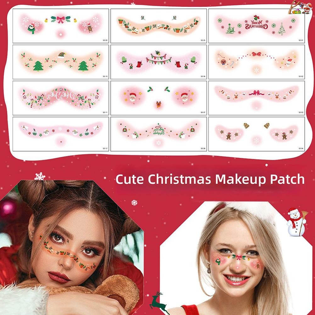 12ชิ้นคริสต์มาสแต่งหน้าใบหน้าสติ๊กเกอร์ที่มีขั้นสูงการ์ตูนน่ารักใบหน้าตกแต่งสติกเกอร์รอยสักชุด