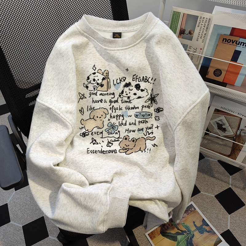 COD (จัดส่งในกรุงเทพฯ) MAO Shop การ์ตูนน่ารักสไตล์อเมริกันพิมพ์รอบคอเสื้อกันหนาวผู้หญิงหลวม ๆ ด้านบน