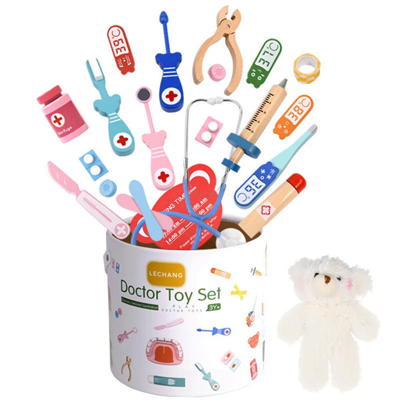 Wooden Pretend Play Doctor Set Educational Toys For Kids Simulation Medicine Chest Kit Dentist Nurse