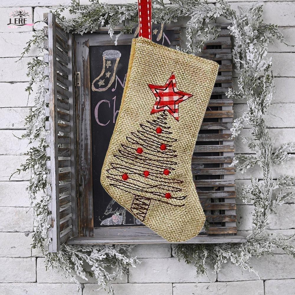 Jeremy1 Burlap เย็บปักถักร้อย Christmas Stocking, ผ้าลินินแขวนกระเป๋าของขวัญคริสต์มาส, Retro ขนาดเล็กนํากลับมาใช้ใหม่ตกแต่งตกแต่งคริสต์มาสตกแต่งฉาก