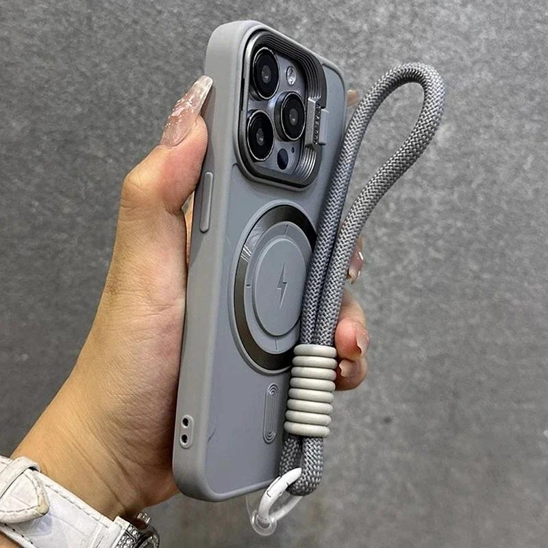 ขาตั้งขาตั้งหรูหราพร้อมเชือกเส้นเล็กเคสโทรศัพท์สําหรับ iPhone 11 12 13 14 15 16 Pro Max Plus แม่เหล็กกันชนนุ่มปกหลัง