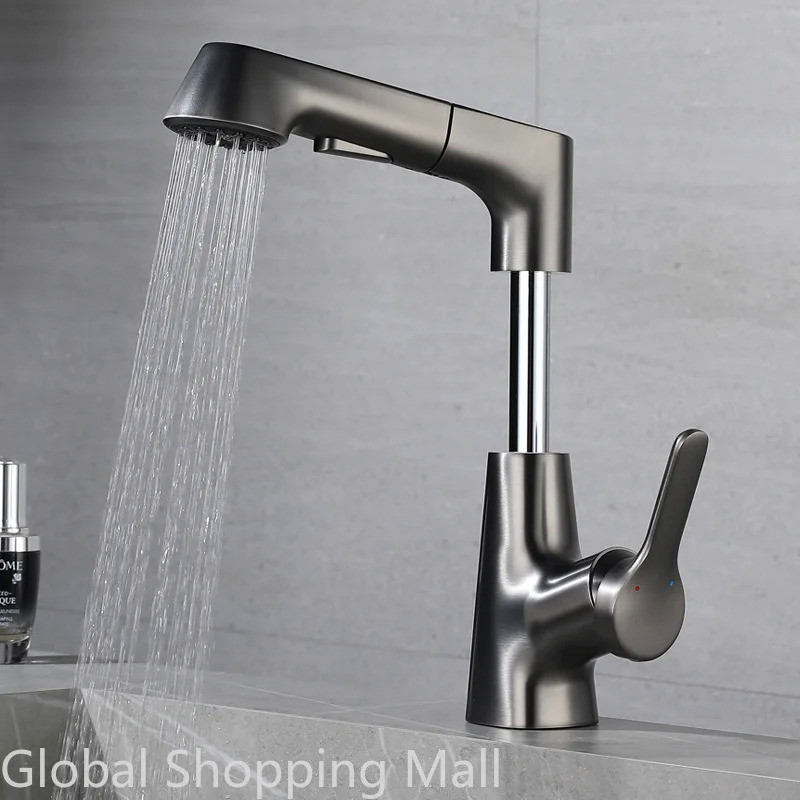Pull Out Lift Kitchen Faucet 360° Rotatable Splashproof Basin Faucet Stainless Steel Kitchen Sink Fa