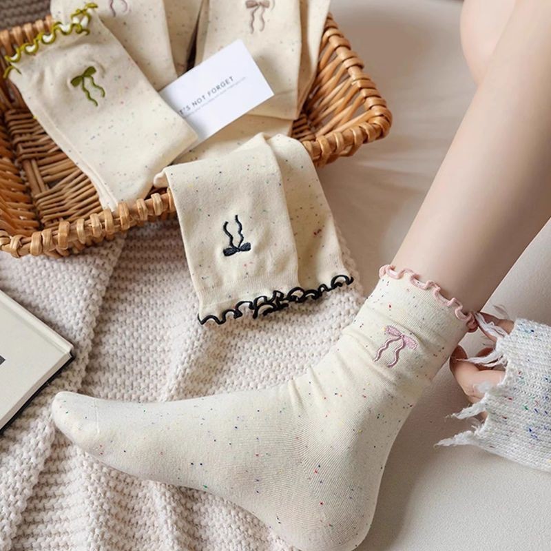 ถุงเท้าแฟชั่นสตรี ถุงเท้าโบว์ สไตล์ Y2K ผ้าฝ้ายแท้ ระบายอากาศได้ดี นุ่มสบาย หวานและน่ารัก - รูปที่ 4