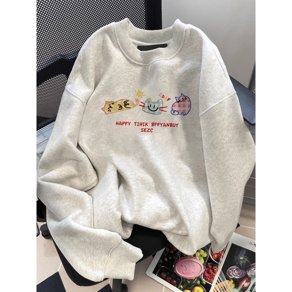 COD (จัดส่งในกรุงเทพฯ) MAO Shop การ์ตูนญี่ปุ่นพิมพ์ลูกแมวรอบคอเสื้อกันหนาวผู้หญิงลดอายุซุปเปอร์ดูดีสวมหัว