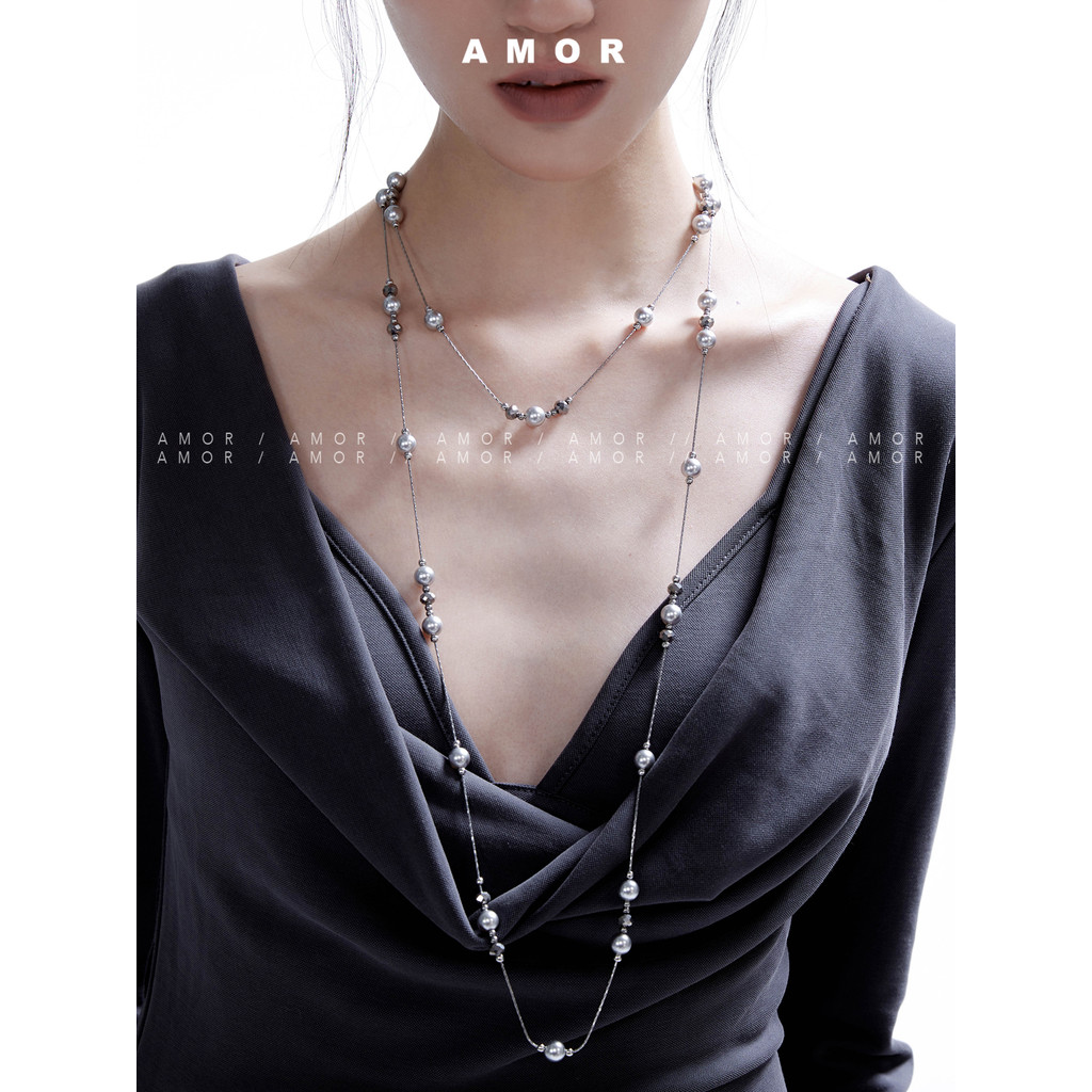 สร้อยคอยาว starry sky มุกสีเทาพร้อมการสวมใส่หลายวิธีการออกแบบเฉพาะ