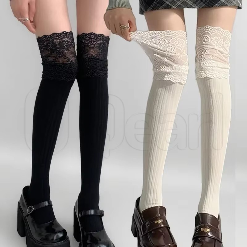 2คู่สไตล์ญี่ปุ่นลูกไม้เข่าสูงถุงเท้า