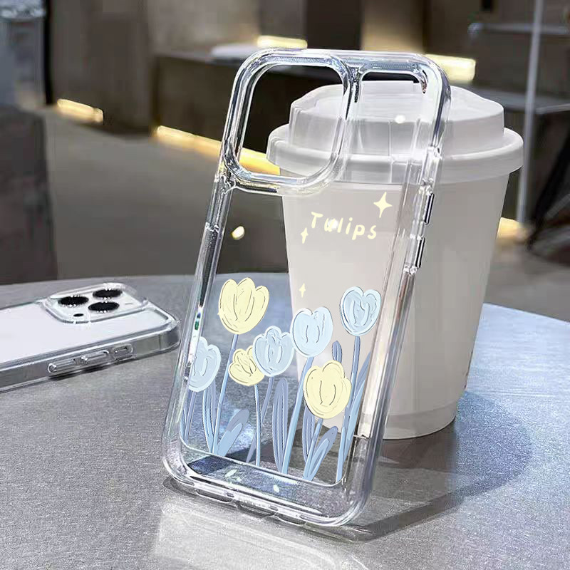 ดอกทิวลิปสีเหลืองและสีฟ้านิ่มกันกระแทก TPU เคสไอโฟน for iPhone 11 12 13 14 15 16Pro Max XR XS X 7/8P