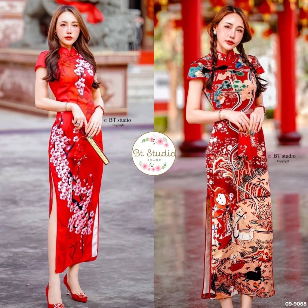 [พร้อมส่ง] BT94 124 9068 เดรสกี่เพ้า แต่งคอจีน พื้นสีแดงพิมพ์ลายสวยม๊าก ตรุษจีนปี 2025