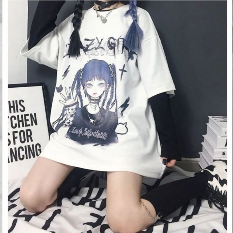 ส่งไวจากไทยLucy Shop แขนสั้น JK หลวมสีดำด้านบน ins(ส่ง 24 ชั่วโมง)