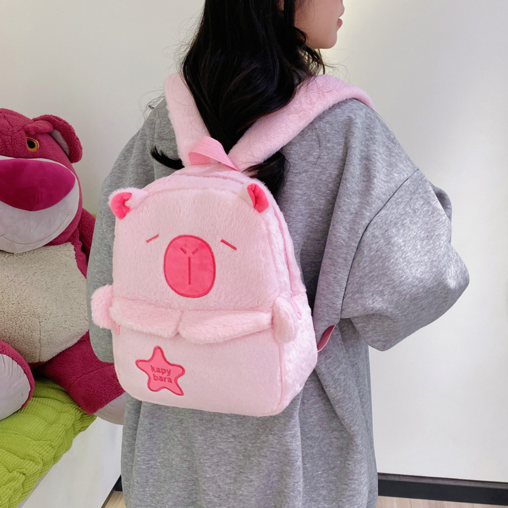 tokyosellected(T2237) กระเป๋าเป้มินิ-คาปิบาร่า ผ้าขนมิ้งค์ (ใส่ไอแพด12นิ้วได้)