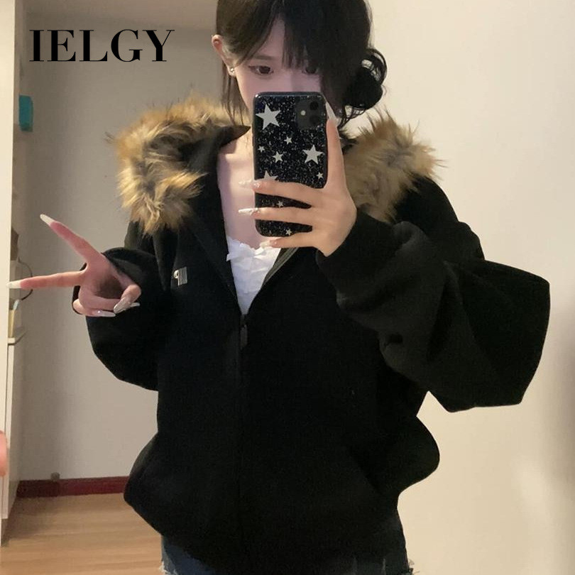 IELGY ผู้หญิงสไตล์อเมริกันขนคอปกเย็บปะติดปะต่อกันซิปแจ็คเก็ตคลุมด้วยผ้า