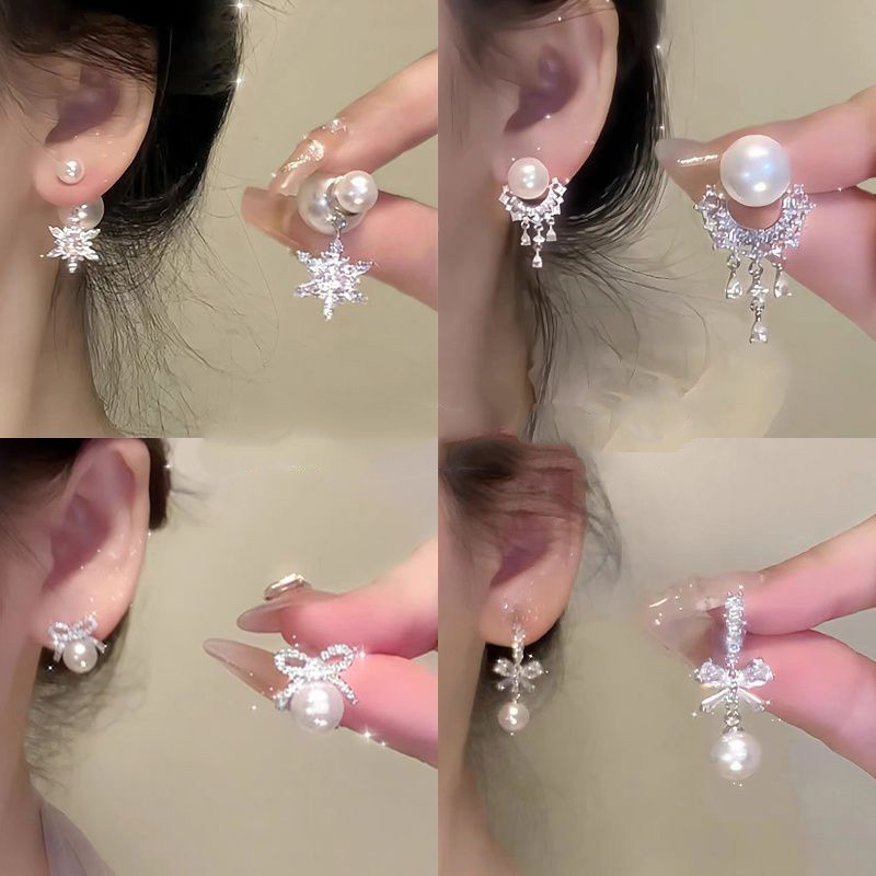 ต่างหูมุกเกล็ดหิมะแบบแขวนด้านหลังฤดูใบไม้ร่วงฤดูหนาวความรู้สึกระดับไฮเอนด์ต่างหูที่ดีงาม