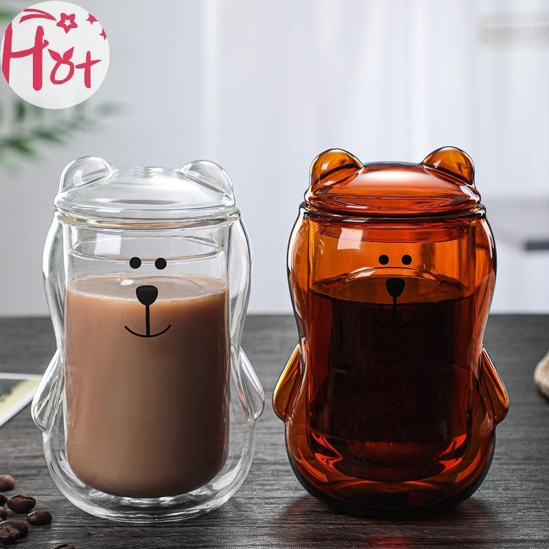 Ge 300มล สร้างสรรค์หมีถ้วยคู่ส่วนบุคคลแก้วกาแฟที่มีฝาปิดแก้วใสถ้วยกาแฟน่ารักการ์ตูนสีเหลืองอําพันหมีแก้วสแควร์