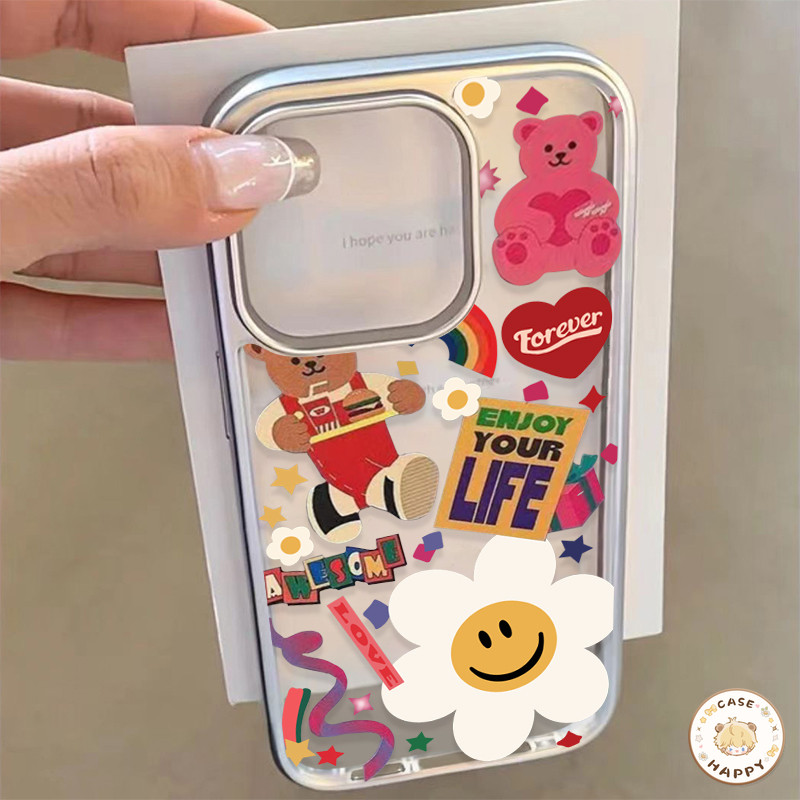 เคสไอโฟน 15 11 สำหรับ iPhone 16 13 14 12 Pro Max XS XR X MAX 15 7 8 14 16 Plus SE 2020 สีสร้างสรรค์หมีน่ารักรักหัวใจยิ้ม