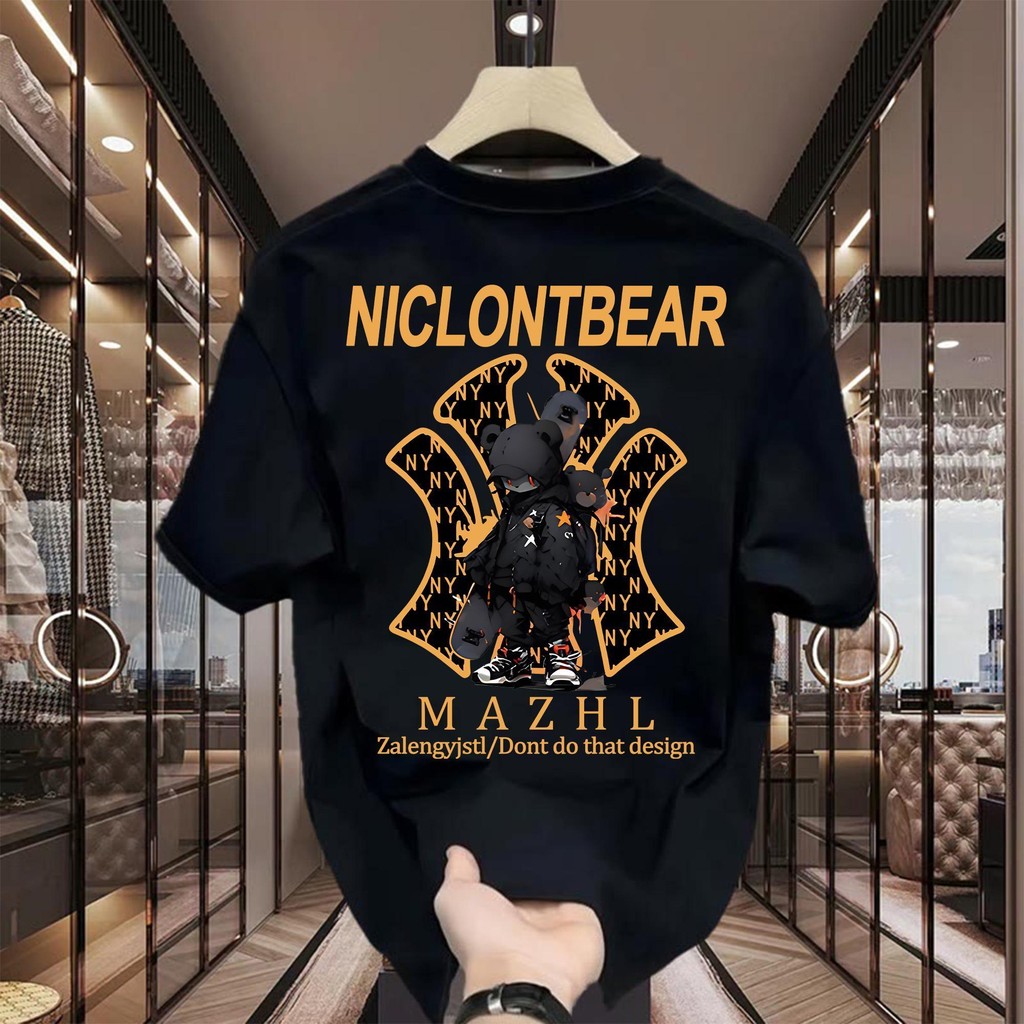 Basi💥 เสื้อดำ เสื้อ oversize สกรีนหน้าหลัง ลาย NICLONTBEAR มิติ ผ้าคอตตอน 100% เนื้อผ้าเกรดพรีเมียม คอกลม ใส่สบาย