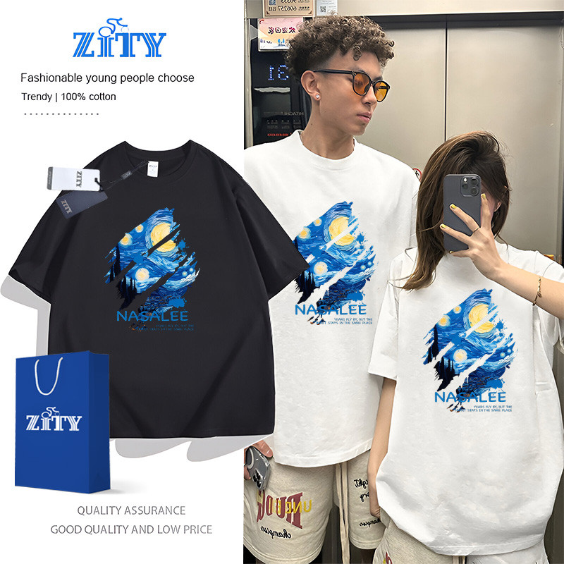 ✨ผ้าฝ้าย 100%✨ ZITY เสื้อยืดแขนสั้น  ภาพวาดน้ำมันท้องฟ้ายามค่ำคืน  NASALEE Same Design, ใส่ได้ทั้งชา