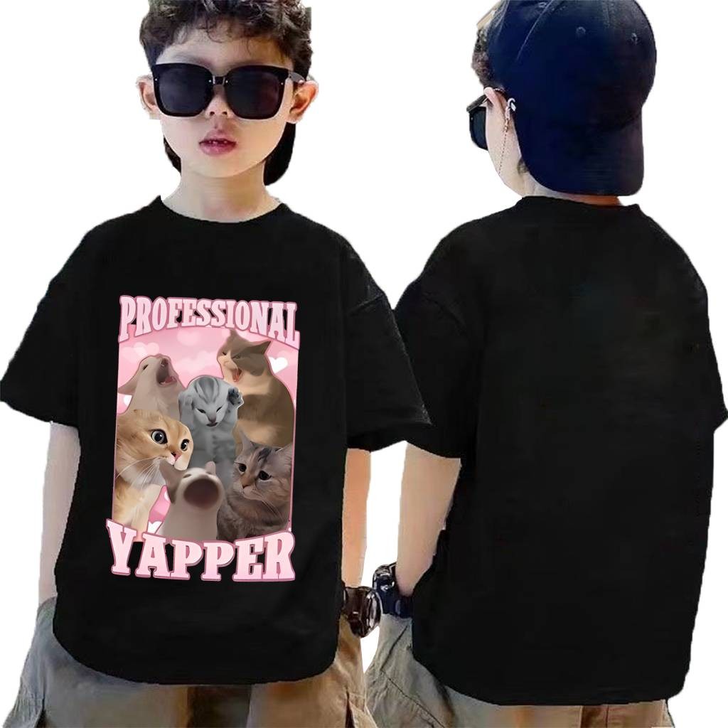 ตลก Meme เสื้อยืด Professional Yapper แมวตลก Tshirt เด็กผู้ใหญ่ Baju ผ้าฝ้าย 100% เสื้อแขนสั้นด้านบน
