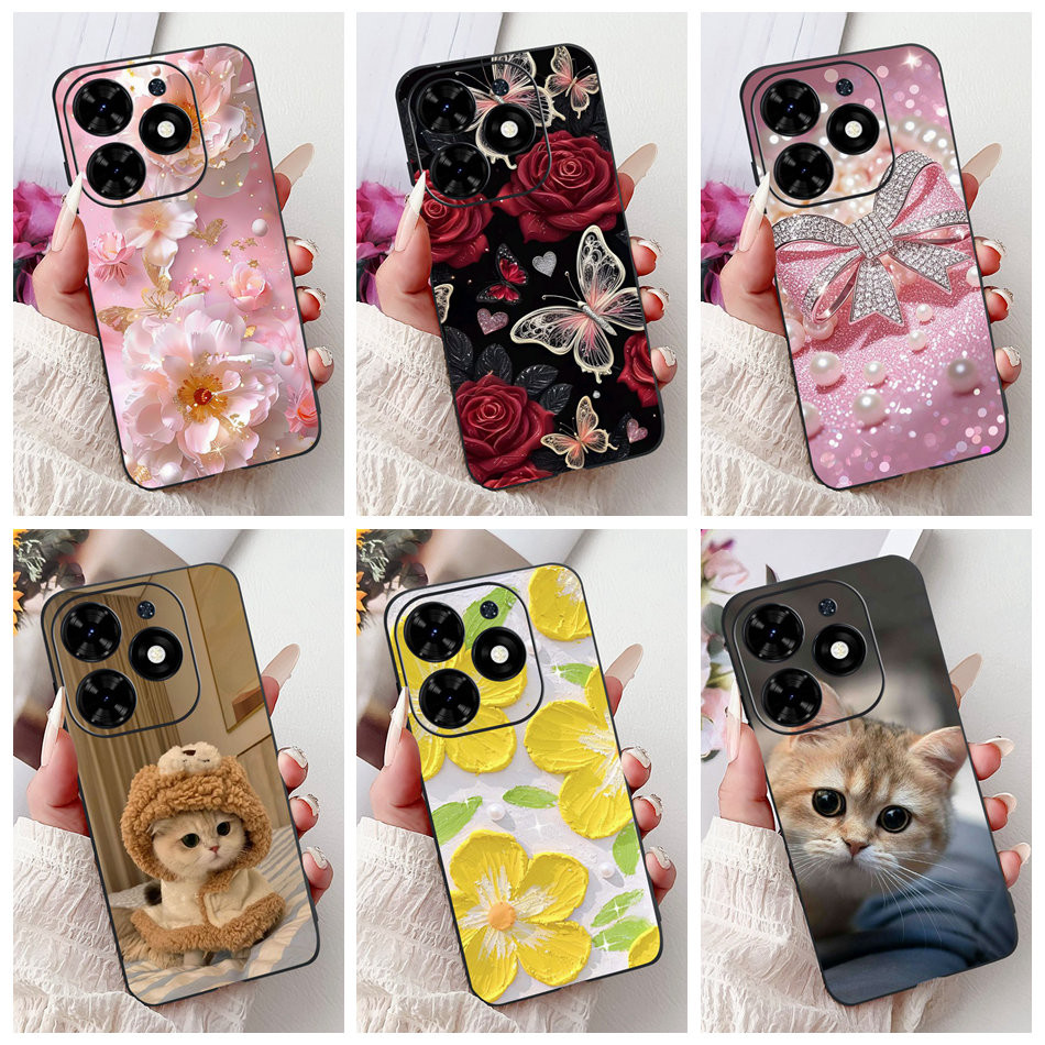 สําหรับ Tecno Spark Go 2024 BG6 Elegant Floral Cat เคสโทรศัพท์ Tecno Spark Go 2024 ซิลิโคนสีดํา Soft