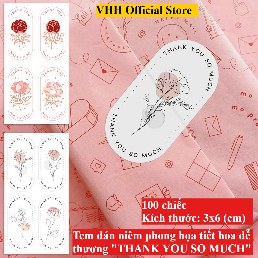 100 สติกเกอร์ปิดผนึกลายดอกไม้น่ารัก "THANK YOU SO MUCH" สติกเกอร์ตกแต่งของขวัญบรรจุภัณฑ์ปิดผนึก