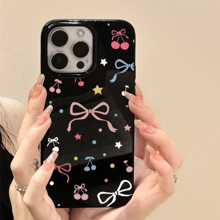 สำหรับ iPhone 16 Pro Max เคส ไอโฟน สีดำมันTPUซอฟท์เคส กันกระแทกกล้องป้องกัน โบว์ดอกไม้ เข้ากันได้กับ 14 13 12 Pro 11...