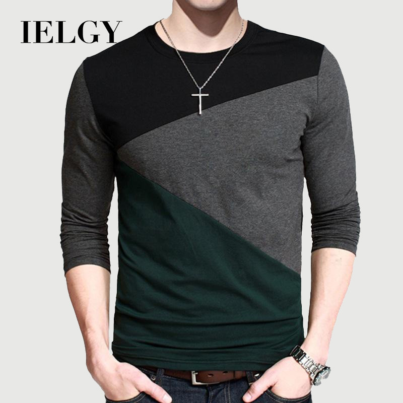 IELGY เสื้อยืดแฟชั่นผู้ชายคอกลมแขนยาวผ้าฝ้ายสีดําทรงสลิม
