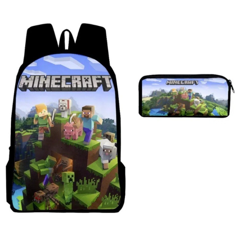2 ชิ้น/ชุด กระเป๋านักเรียนเด็ก + กระเป๋าดินสอ Minecraft กระเป๋าเป้สะพายหลัง 3D การ์ตูน กระเป๋านักเรี
