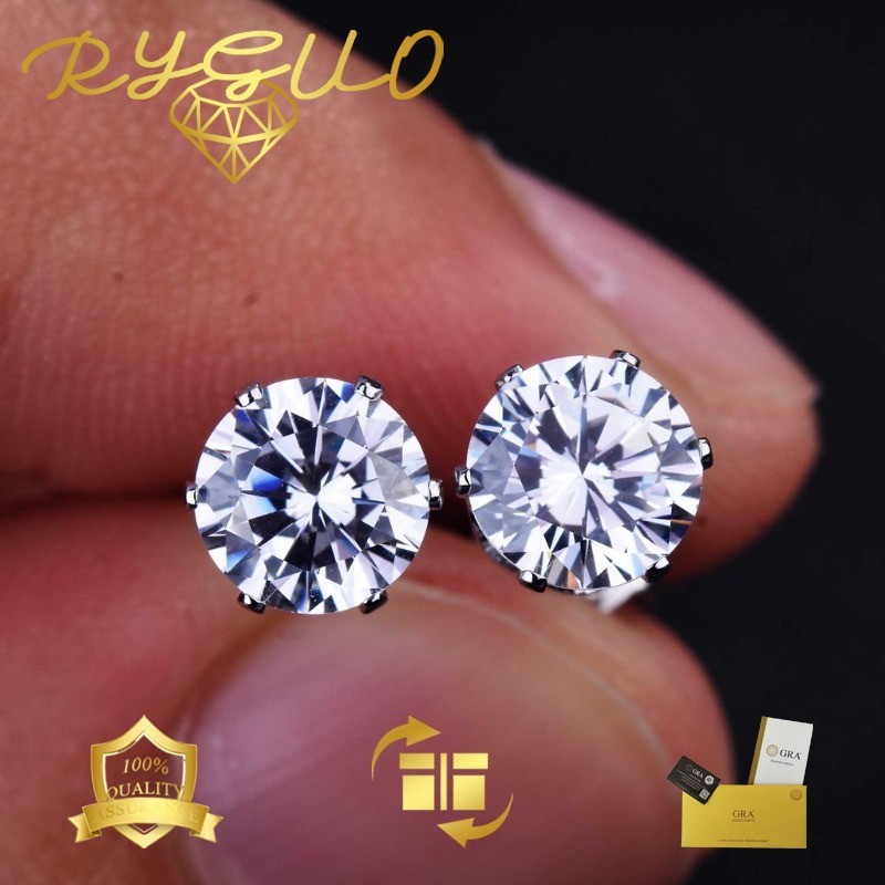 RYGUO Moissanite Crown ต่างหูรูปหัวใจทองคําขาวสําหรับผู้หญิง