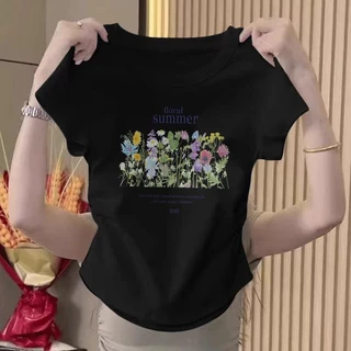 เสื้อยืดผู้หญิง เสื้อผ้าแฟชั่นตามกระแส เสื้อครอปเอวลอยรัดรูปเสื้อคอกลมเสื้อยืดรัดรูปสวยๆเสื้อแฟชั่นผู้หญิง เสื้อครอปมีรอ