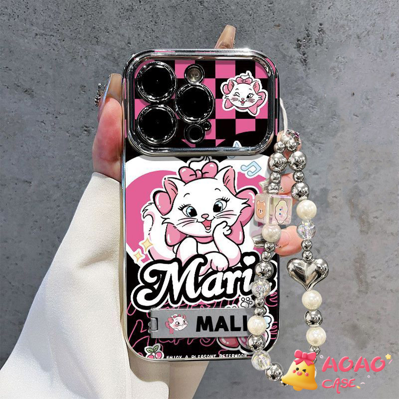 เคสไอโฟน 11 สำหรับ iPhone 13 15 11 16 12 14 Pro Max 8 7 16 15 14 Plus XR X XS  Max ผ้าคลุมสร้อยข้อมือมารีแมวน่ารักน่ารัก