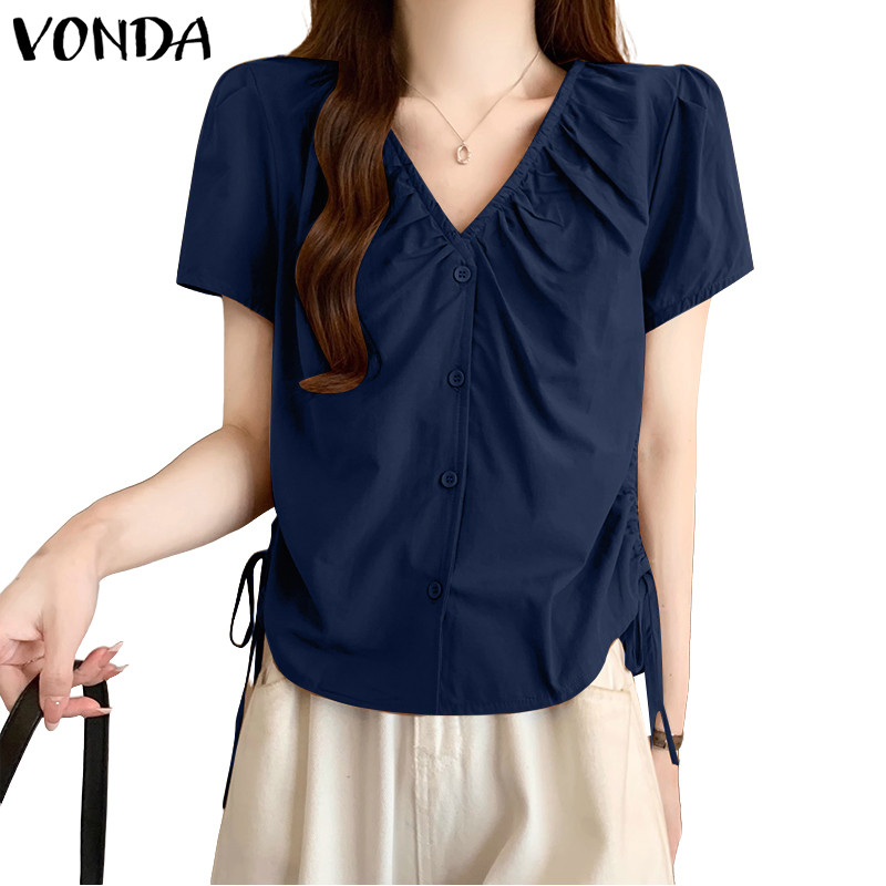 VONDA ผู้หญิงเกาหลีสไตล์ลําลองปลอมด้านหน้าปกสายรัดปุ่มเสื้อคอวี