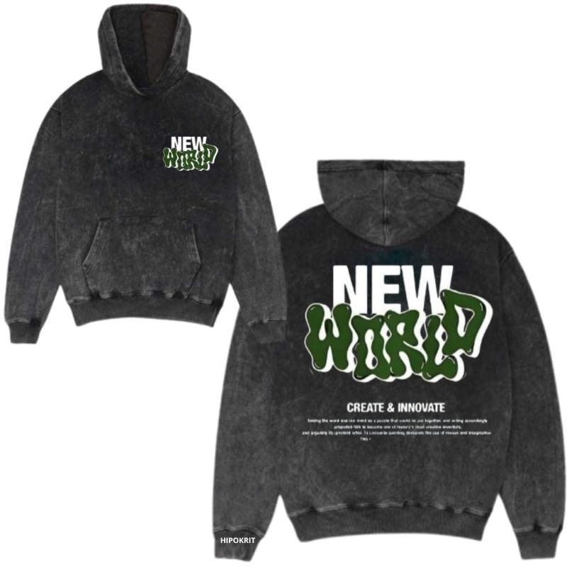 เสื้อฮู้ดล้าง New World Create & Innovate Black Sandwash