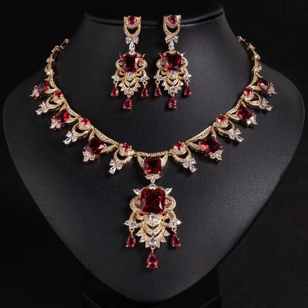 [เครื่องประดับต้นฉบับ] หรูหราระดับไฮเอนด์ฟุ่มเฟือยสร้อยคอต่างหูยุโรปอเมริกันทับทิมจัดเลี้ยงหมั้นเครื่องประดับเจ้าสาวชุดอุปกรณ์เสริม