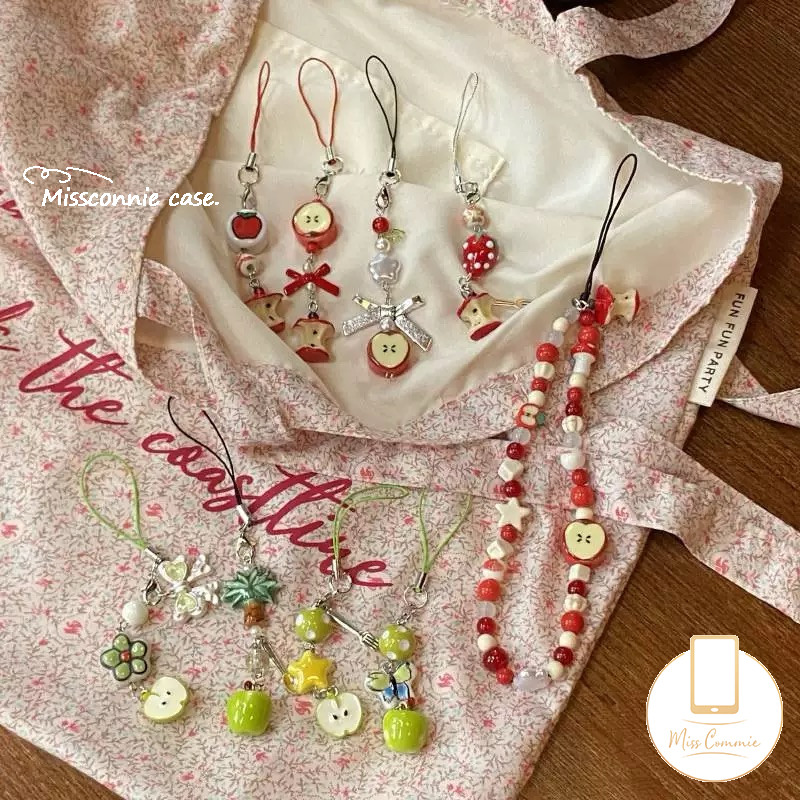 อินเทรนด์น่ารักการ์ตูนผลไม้สดแกนอุปกรณ์เสริมสากลเคสโทรศัพท์สร้อยข้อมือสีแดงประดับด้วยลูกปัดโบว์ปมพวงกุญแจตกแต่งแฟชั่นเชือกแขวนใ