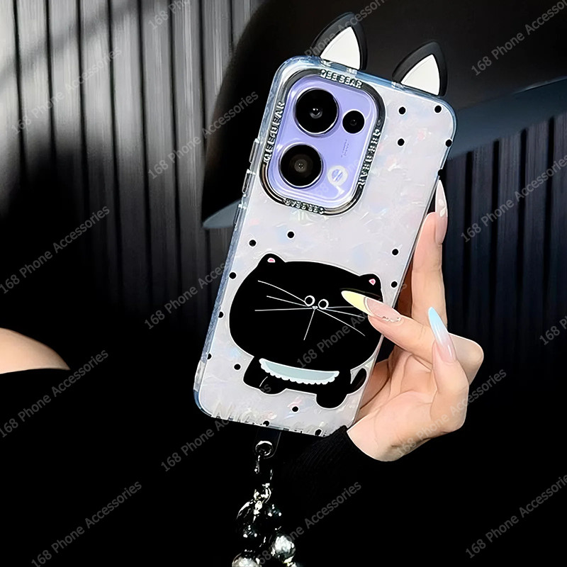 เคส OPPO Reno 13 5G เคส OPPO Reno 13 Pro 5G เคสน่ารักแมวสีดําแวววาวกันกระแทกเคสเปลือกรูปแบบหอยสังข์ด