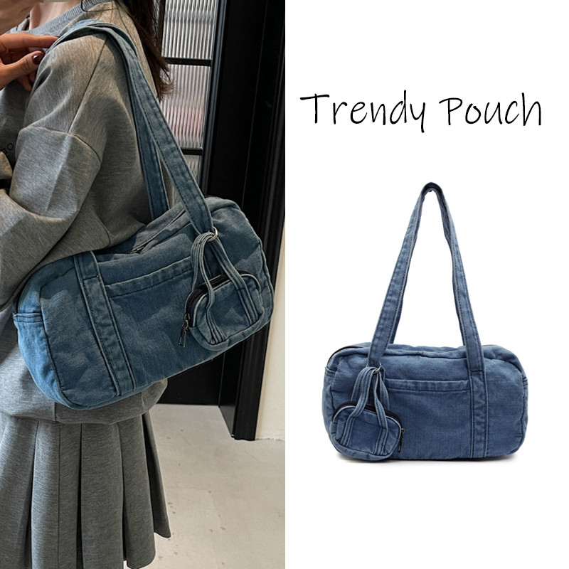 TRENDY  POUCH  กระเป๋าเตาอบยีนส์  ผู้หญิง ย้อนยุค กระเป๋าผ้า  carryall bag