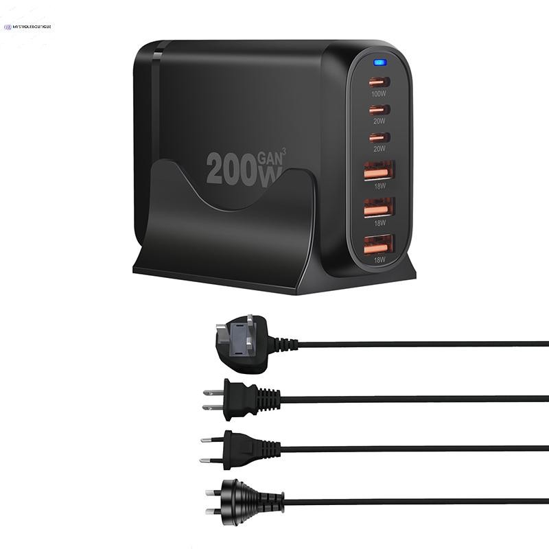 200W 6 พอร์ต USB Type-C Fast Charger Fast Charging Multi-function Desk Charger Power Station สําหรับ