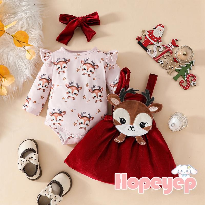 Zytjj-ชุดคริสต์มาสเด็กผู้หญิง Reindeer พิมพ์ชุดรอมเปอร์แขนยาวพร้อมกระโปรงเอี๊ยมและที่คาดผม 3 ชิ้นชุด