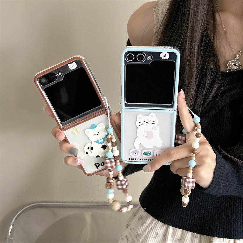 การ์ตูนสุนัขมีความสุขสร้อยข้อมือเคสโทรศัพท์สําหรับ Samsung Galaxy Z Flip 3 4 5 6 Z Flip6 ZFlip 6 ZFlip6 ขอบตรงกันกระแทกฝาหลัง