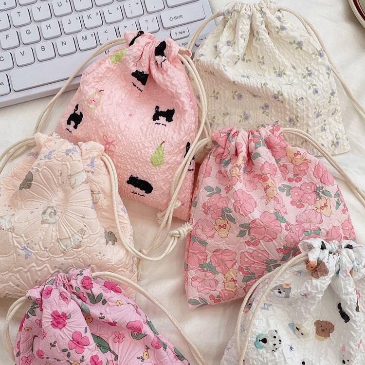 น่ารักการ์ตูนหมีเชอร์รี่ดอกไม้ เชือกรูด กระเป๋าจิปาถะออแกไนเซอร์กระเป๋าแบบพกพามัลติฟังก์ชั่กันฝุ่นลิปสติกถุงเก็บเหรียญมินิถุงผ้า